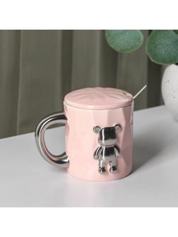 Кружка керамическая с ложкой «Стильный мишка», 320 мл, цвет розовый