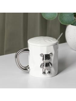 Кружка керамическая с ложкой «Стильный мишка», 320 мл, цвет белый