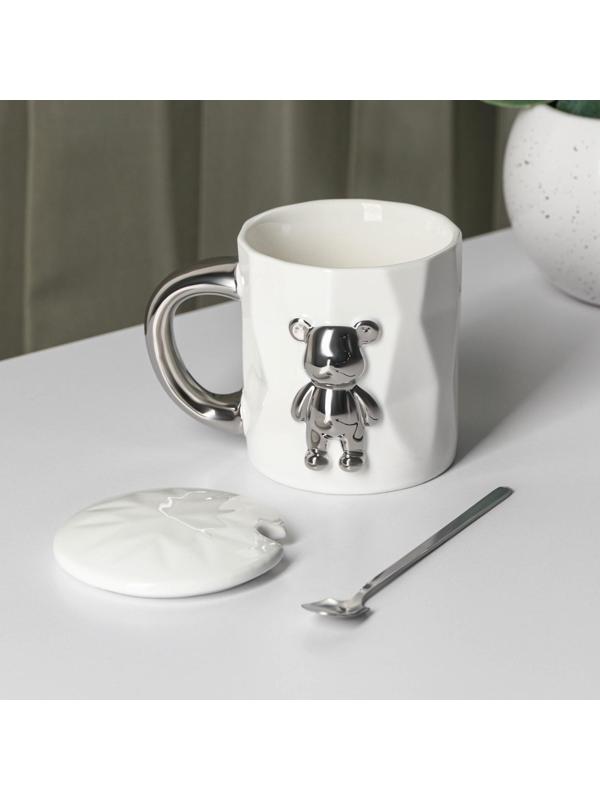 Кружка керамическая с ложкой «Стильный мишка», 320 мл, цвет белый