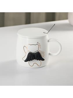 Кружка керамическая с крышкой и ложкой «Ангелок», 350 мл, цвет белый