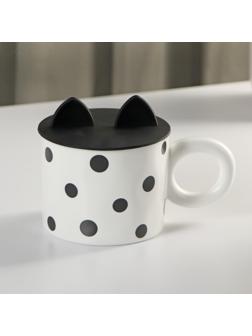 Кружка керамическая с силиконовой крышкой «Мяу», 350 мл, цвет белый и чёрный