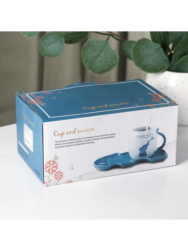 Чайная пара керамическая «Слоник», 2 предмета: кружка с ложкой 220 мл, блюдце 19×12,5 см