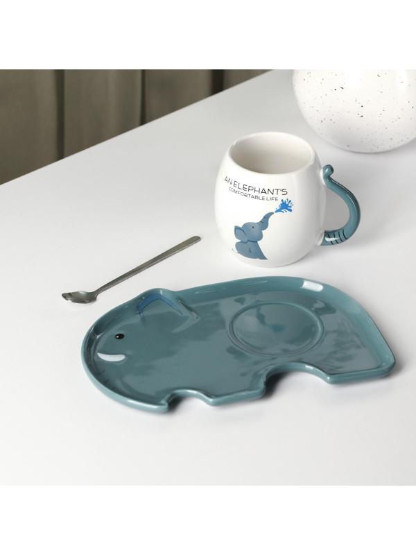 Чайная пара керамическая «Слоник», 2 предмета: кружка с ложкой 220 мл, блюдце 19×12,5 см