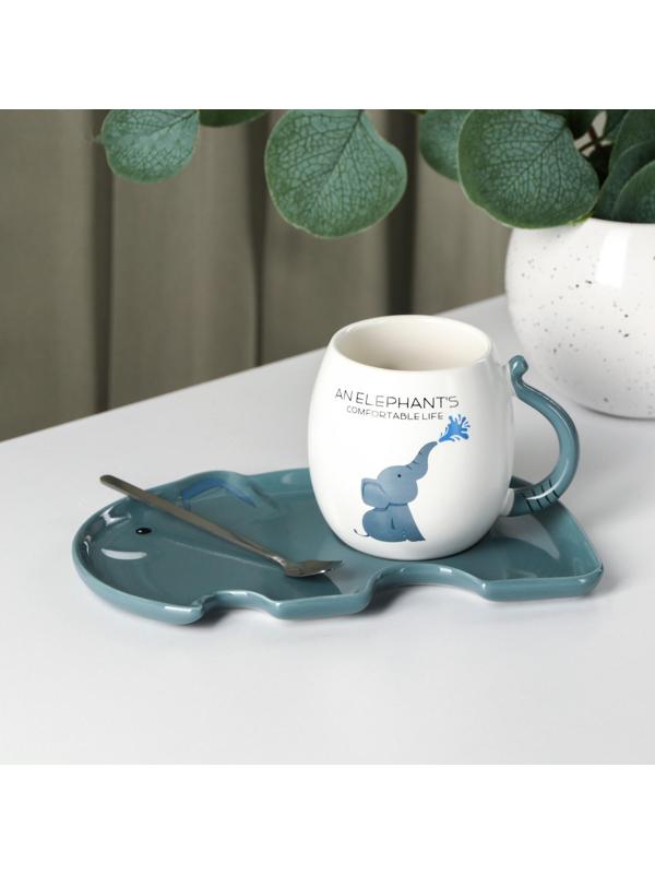 Чайная пара керамическая «Слоник», 2 предмета: кружка с ложкой 220 мл, блюдце 19×12,5 см