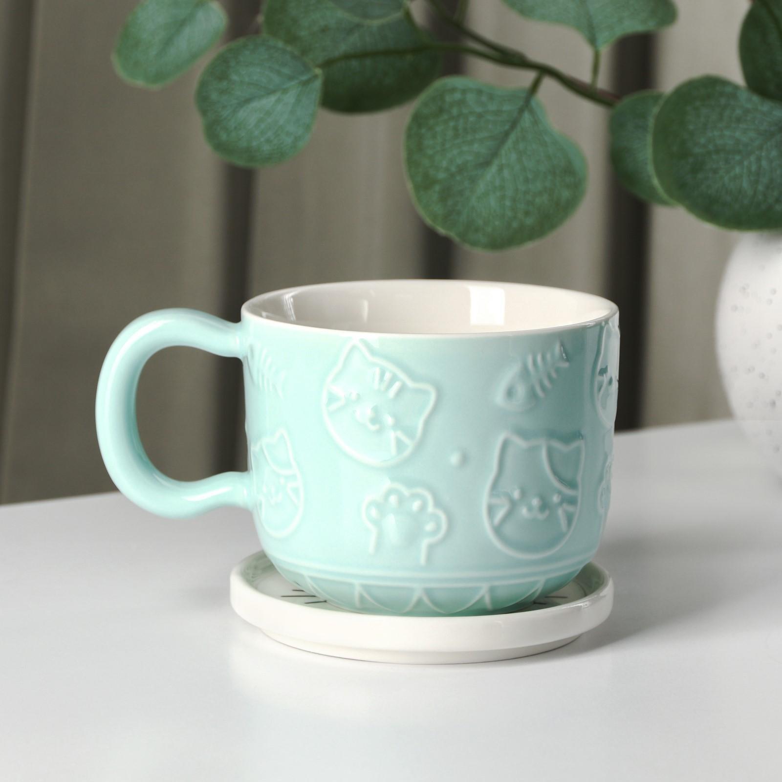 Кружка фарфоровая «Улыбающийся кот», 450 мл, цвет голубой