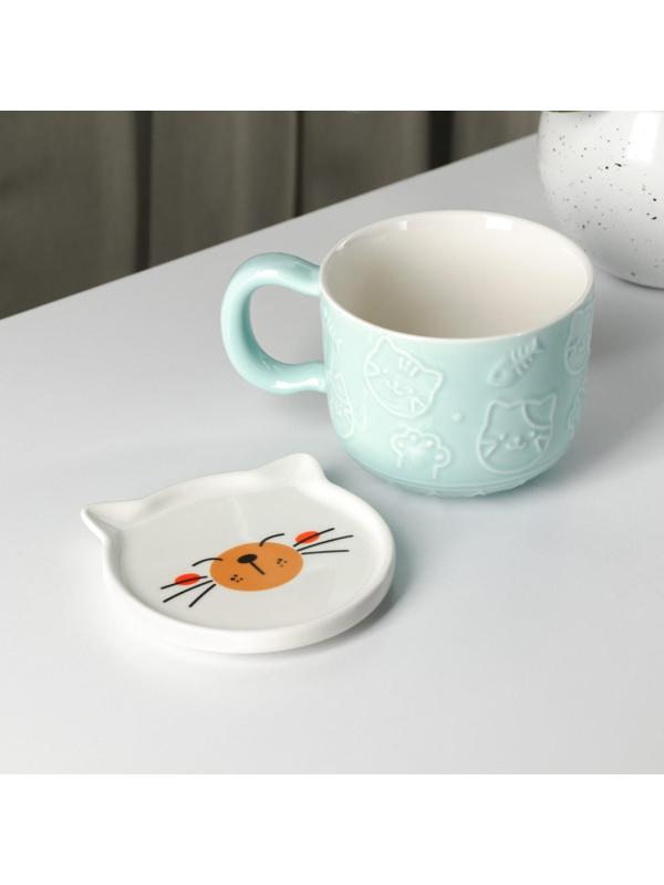 Кружка фарфоровая «Улыбающийся кот», 450 мл, цвет голубой