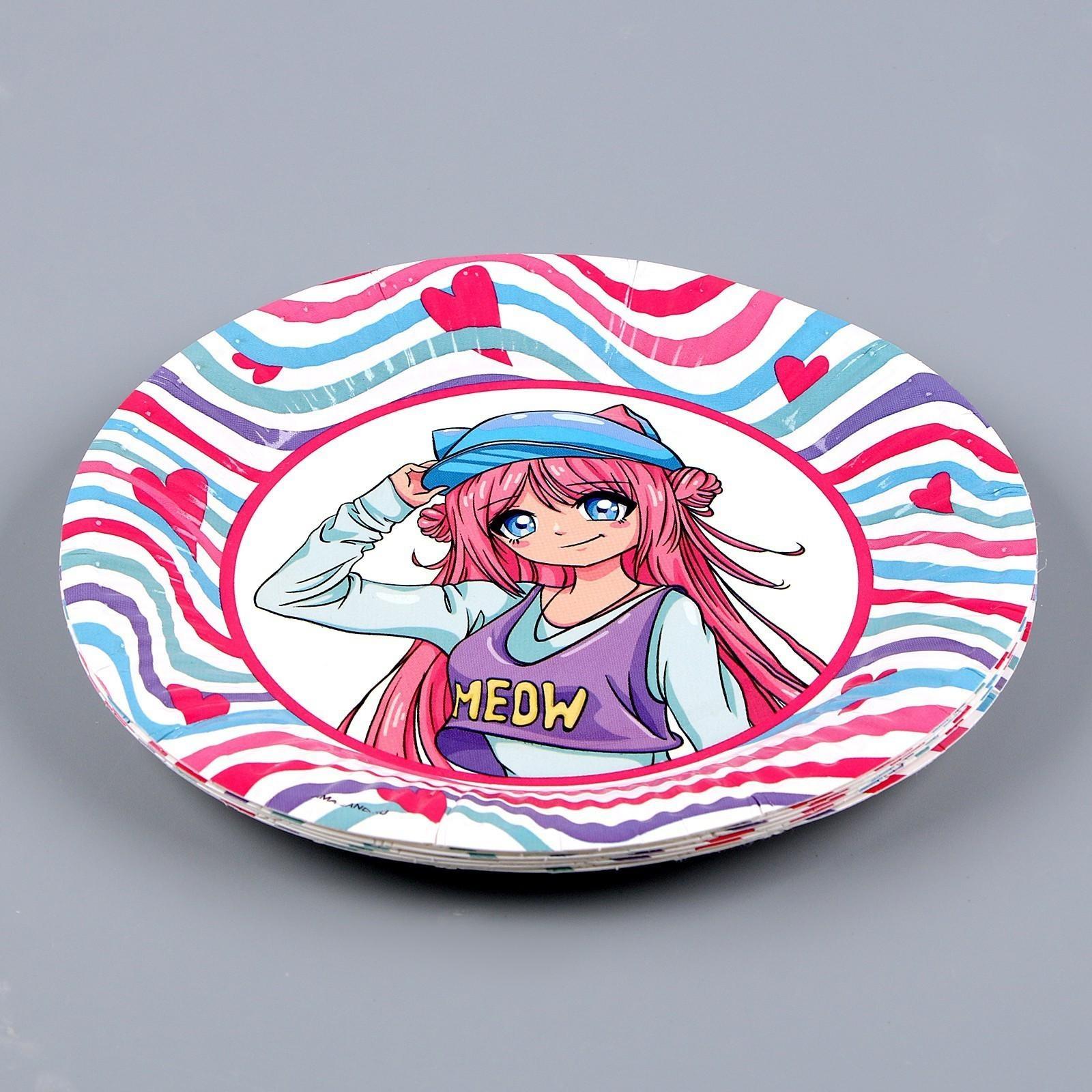 Набор бумажной посуды «Аниме», фуксия: 6 тарелок, 1 гирлянда, 6 стаканов, 6 колпаков