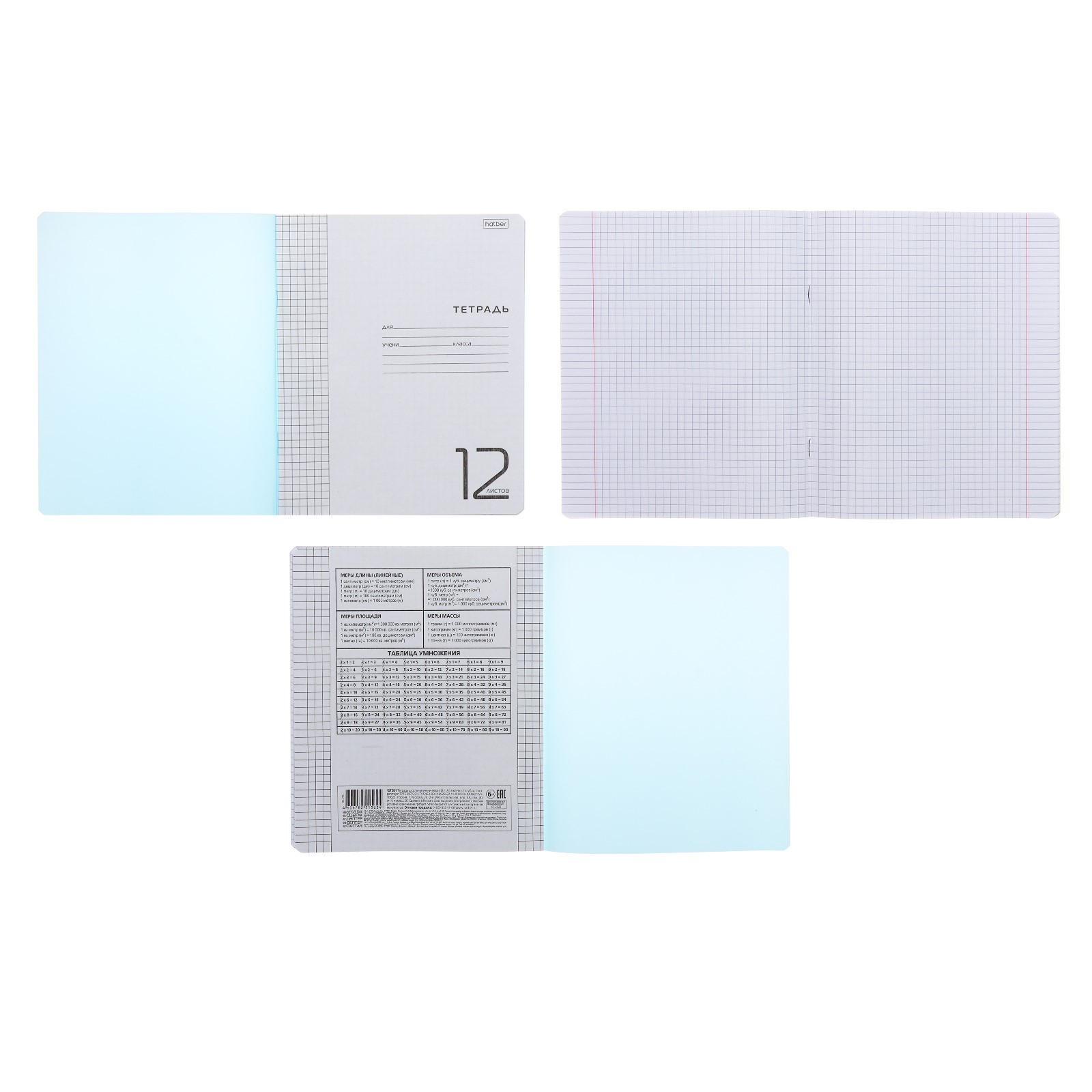 Тетради в клетку 12 листов Hatber, обложка пластиковая, блок 65 г/м2 / Голубые / 10 шт.