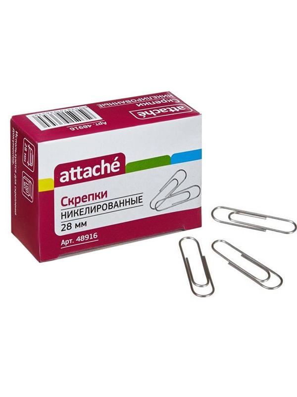 Скрепки Attache никелированные, 28 мм, негофрированные, 100 шт/уп