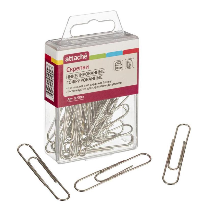 Скрепки Attache никелированные, 50 мм, гофрированные,европодвес, 30 шт/уп