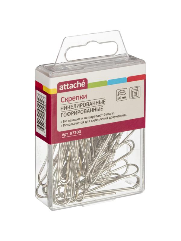 Скрепки Attache никелированные, 50 мм, гофрированные,европодвес, 30 шт/уп