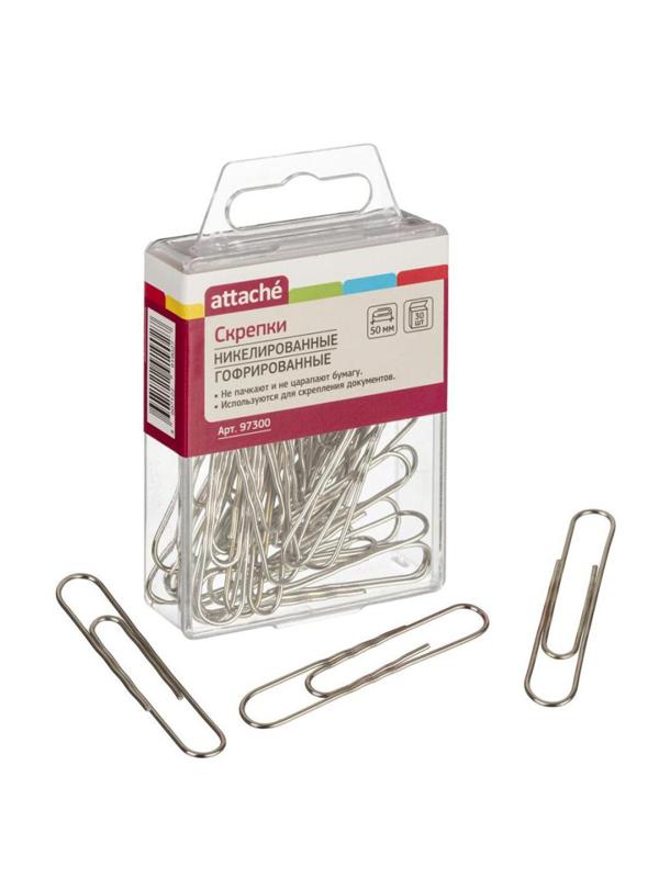 Скрепки Attache никелированные, 50 мм, гофрированные,европодвес, 30 шт/уп