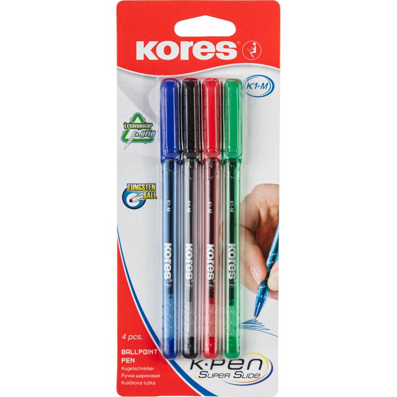 Ручка шариковая неавтоматическая KORES К1 0,7ммтреуг.корп4шт/бл сн/чр/кр/зл