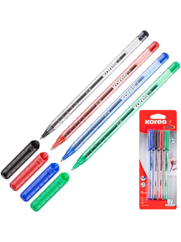 Ручка шариковая неавтоматическая KORES К1 0,7ммтреуг.корп4шт/бл сн/чр/кр/зл