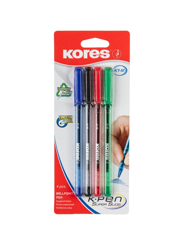 Ручка шариковая неавтоматическая KORES К1 0,7ммтреуг.корп4шт/бл сн/чр/кр/зл