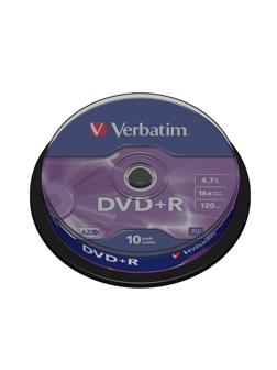 Носители информации DVD+R, 16x, Verbatim Azo Matt Silver, Cake/10, 43498