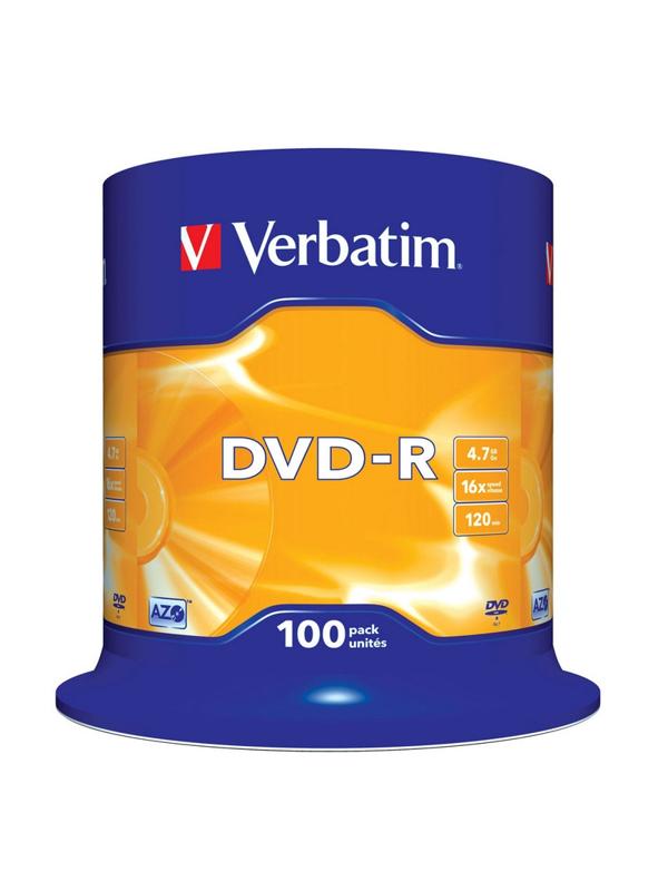 Носители информации DVD-R, 16x, Verbatim Azo Matt Silver, Cake/100, 43549