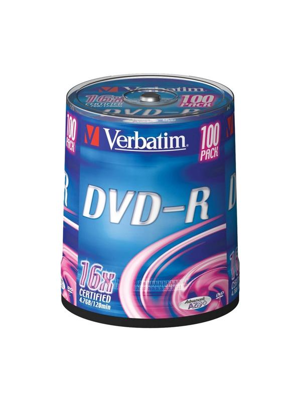 Носители информации DVD-R, 16x, Verbatim Azo Matt Silver, Cake/100, 43549
