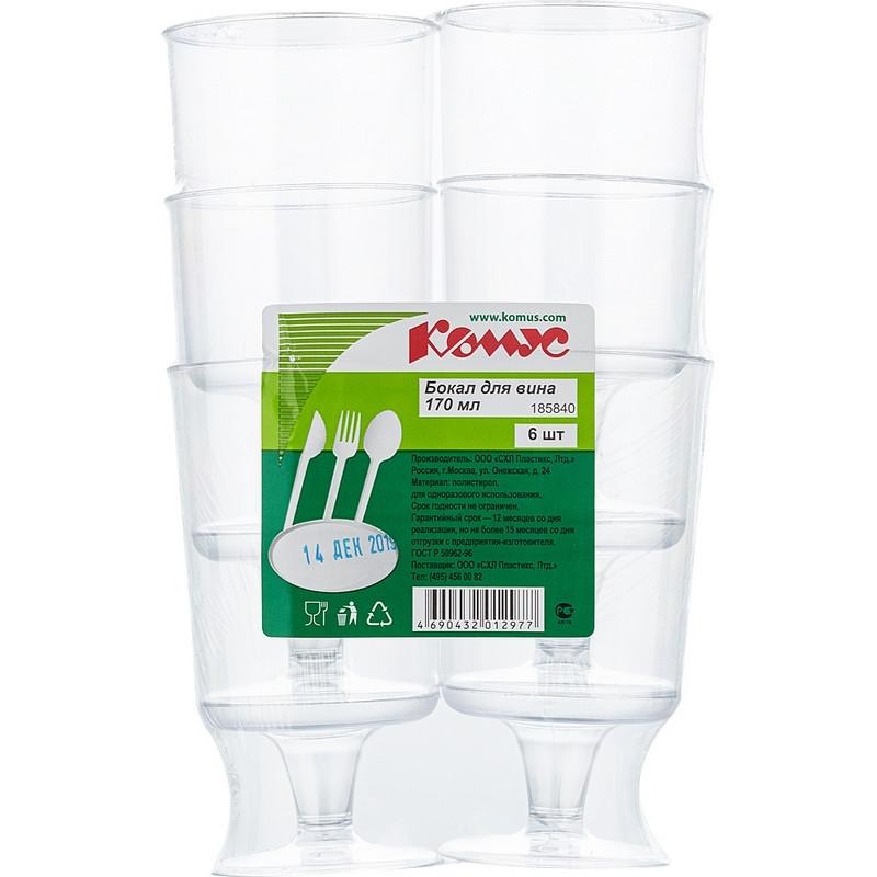 Бокал одноразовый для вина 170 мл., прозрачный, ПС, 6шт./уп. Россия