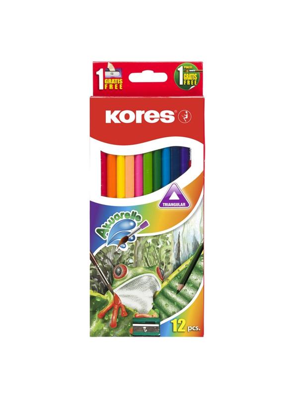 Карандаши акварельные цветные 12цв 3-гран,кисть,точилка Kores 93812