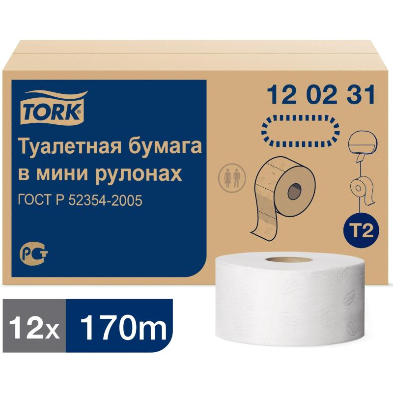 Бумага туалетная д/дисп Tork T2 Advanced mini 2сл бел втор170м 12рул 120231
