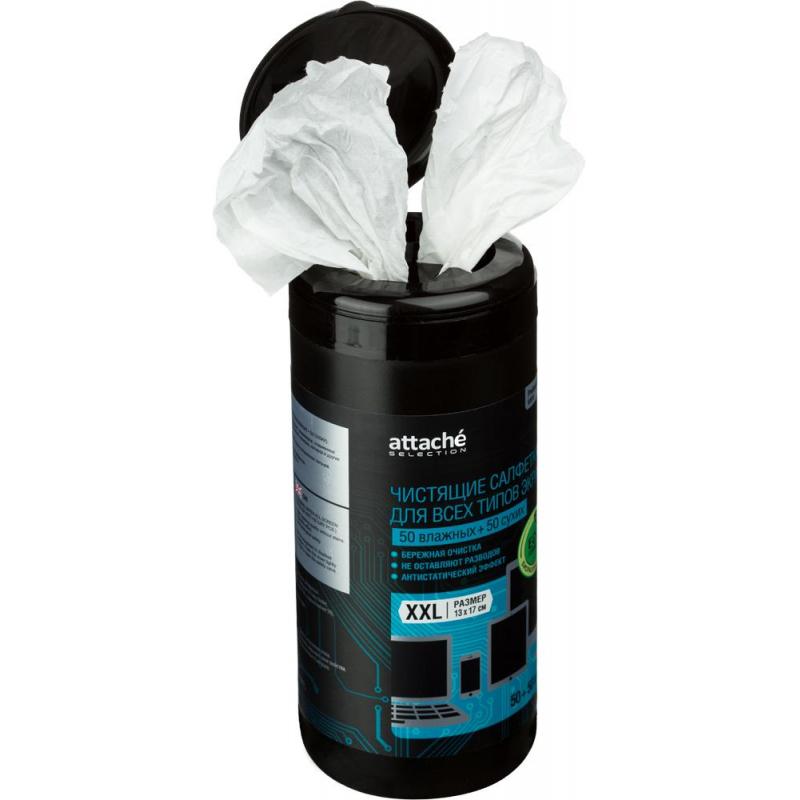 Салфетки Attache Selection Professional д/экранов, туба, вл+сух, 50+50 шт