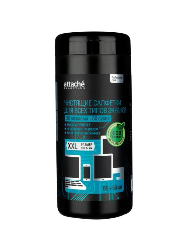 Салфетки Attache Selection Professional д/экранов, туба, вл+сух, 50+50 шт