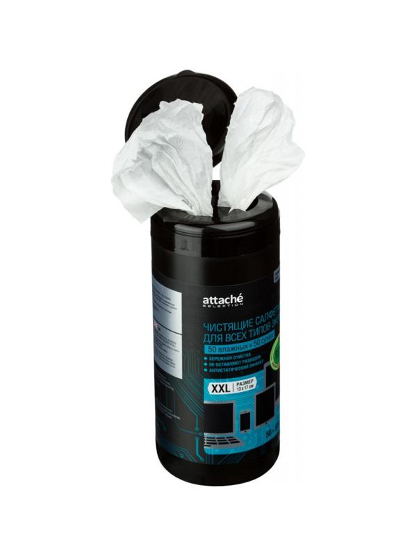 Салфетки Attache Selection Professional д/экранов, туба, вл+сух, 50+50 шт