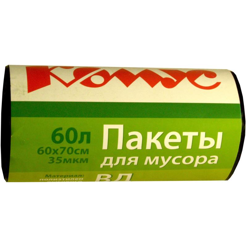 Мешки для мусора ПВД 60л 35мкм 20шт/рул черные 60x70см Комус с ручками