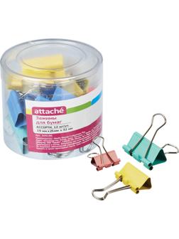 Зажимы для бумаг ассорти цветн (19мм,25мм,32мм), 12шт/уп Attache,пласт.бок