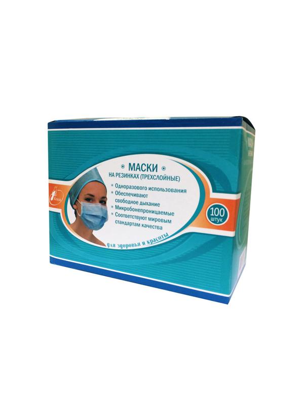 Маска медицинская 3-х сл., резинка, голубая, картон 100шт/уп
