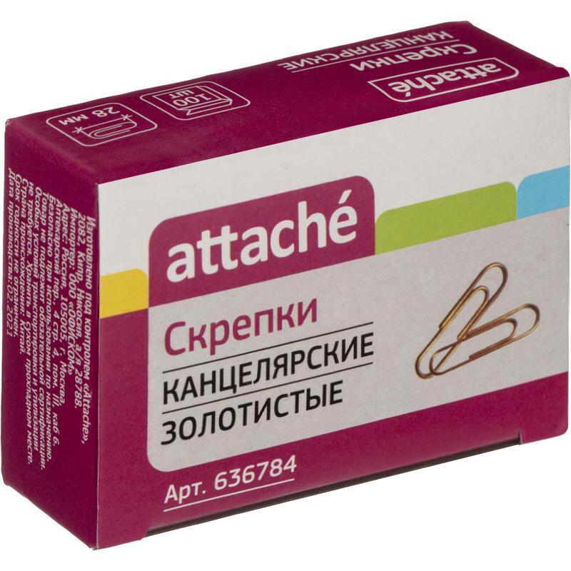 Скрепки Attache омедненные, 28 мм,негофрированные, золотистые, 100 шт/уп