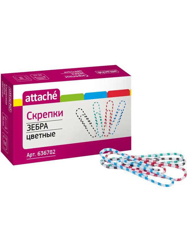 Скрепки Attache Зебра с полимерным покрытием,50 мм,разноцветные,50 шт/уп