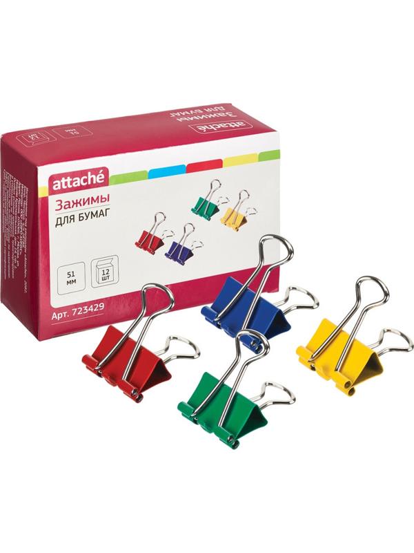 Зажимы для бумаг Attache, 51 мм, 12 шт., цветные, в карт.коробке