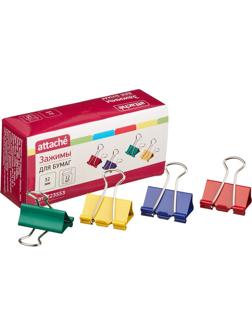 Зажимы для бумаг Attache, 32 мм, 12 шт., цветные, в карт.коробке