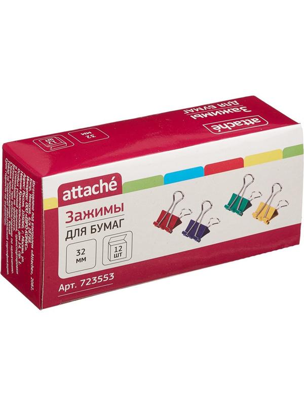 Зажимы для бумаг Attache, 32 мм, 12 шт., цветные, в карт.коробке