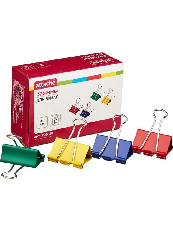 Зажимы для бумаг Attache, 41 мм, 12 шт., цветные, в карт.коробке