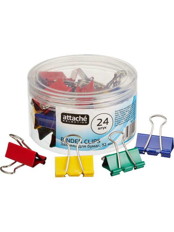 Зажимы для бумаг Attache Selection, 32мм, 24 шт, цветные, пласт.уп