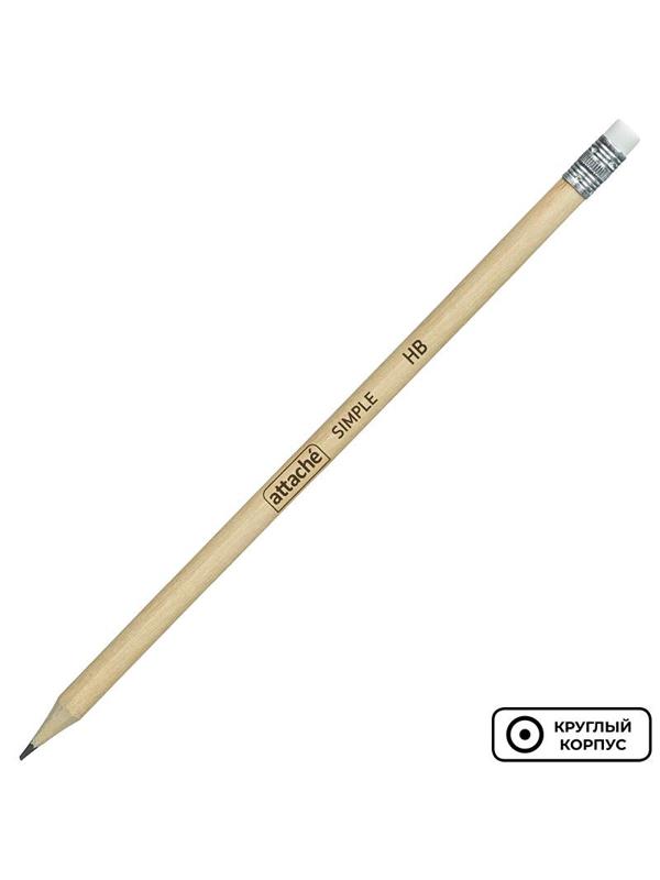 Карандаш чернографитный Attache кругл. HB, натур.дерево, заточ., с ласт.