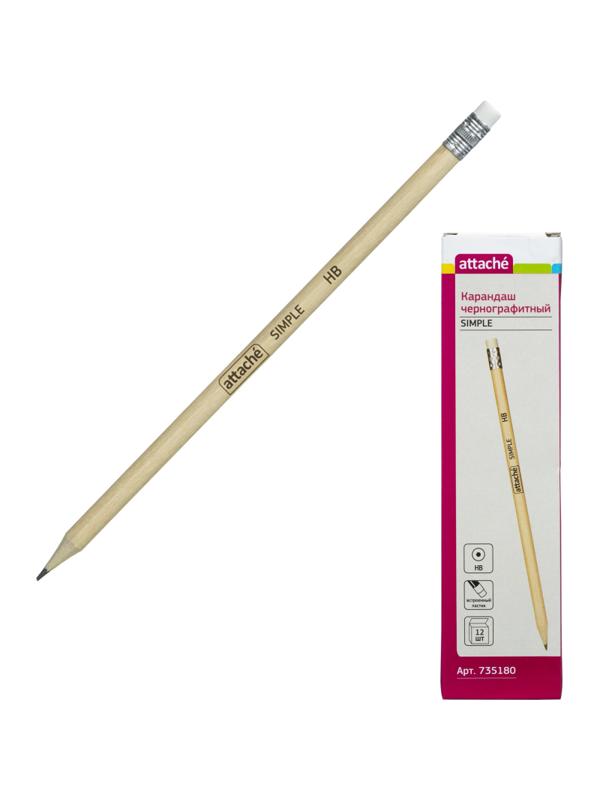 Карандаш чернографитный Attache кругл. HB, натур.дерево, заточ., с ласт.