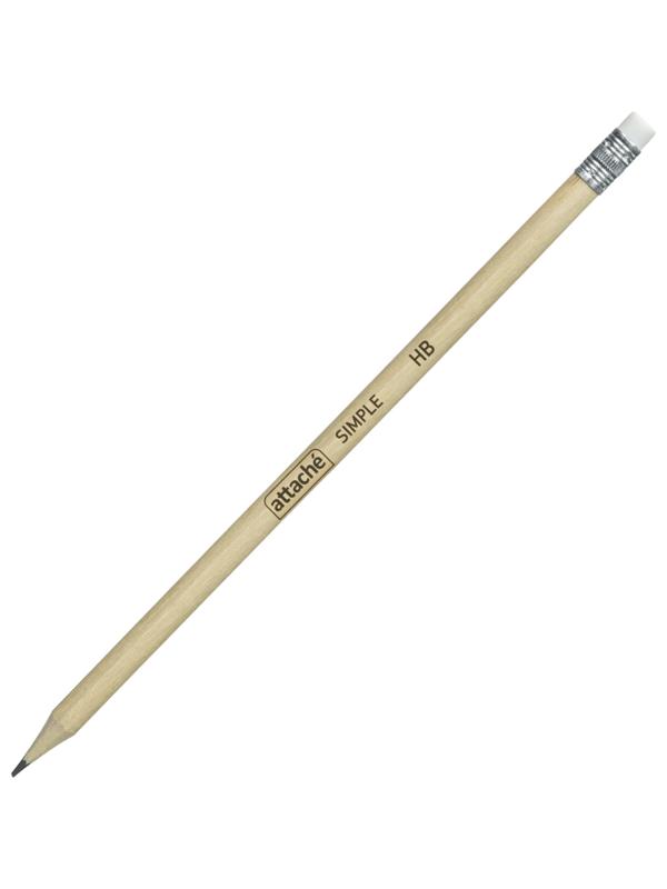 Карандаш чернографитный Attache кругл. HB, натур.дерево, заточ., с ласт.