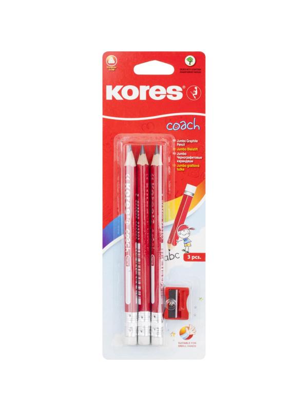 Карандаш чернографитный KORES JUMBO трехгран,HB 3шт+точилка+ластик