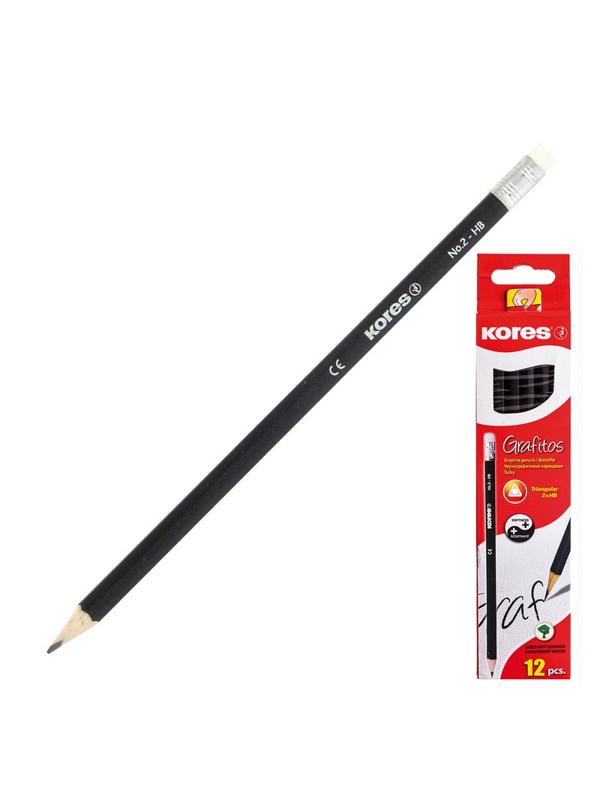 Карандаш чернографитный Kores трехгранный HB с ластиком