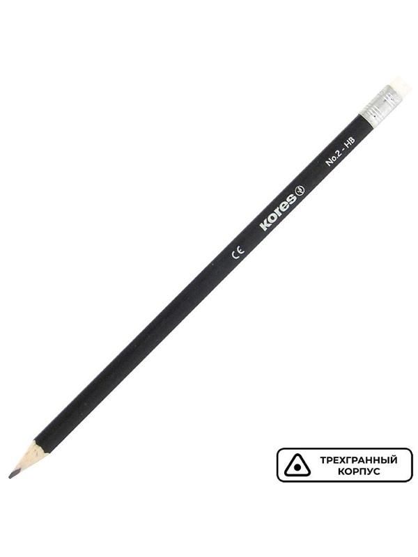 Карандаш чернографитный Kores трехгранный HB с ластиком