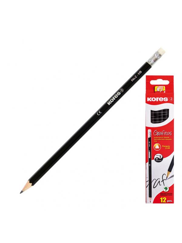 Карандаш чернографитный Kores шестигранный HB с ластиком