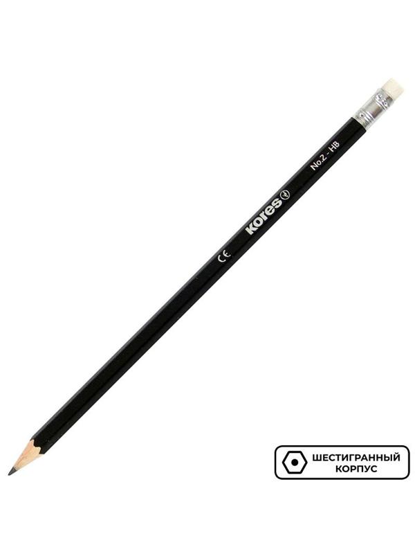 Карандаш чернографитный Kores шестигранный HB с ластиком