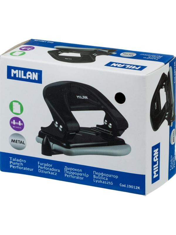 Дырокол Milan, до 15 листов, черный, металл. корпус, в карт.коробке 19012K