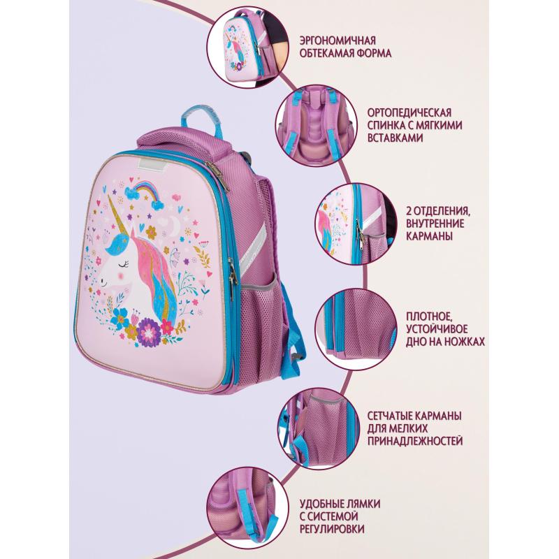 Ранец №1School Basic Единорог, 2 отд., эргоном. спинка, экокожа
