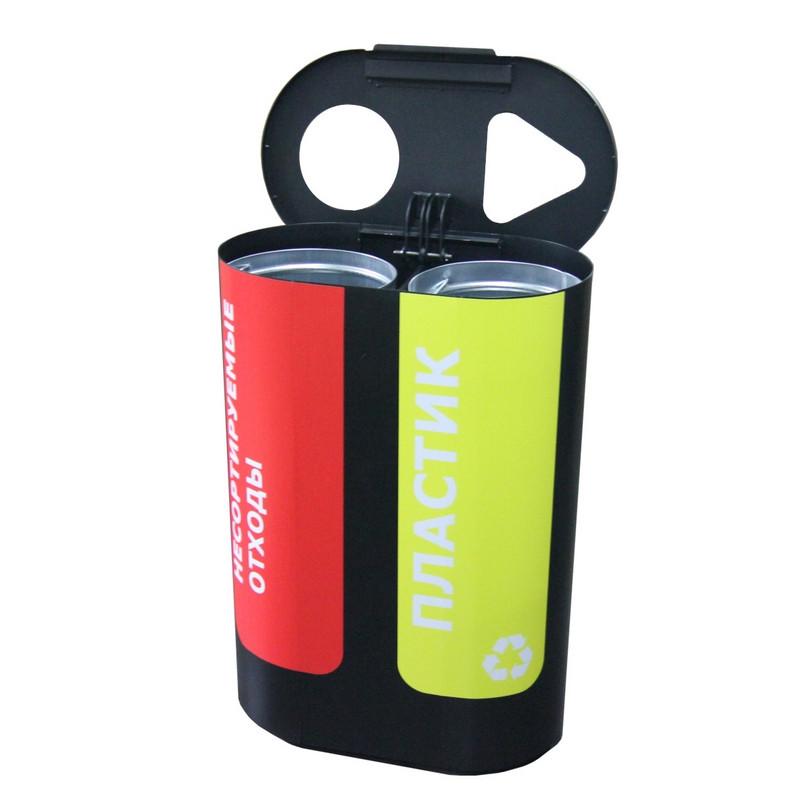 Урна для раздел сбор мусор Акцент2 черная 2-х секцион с наклейк объем2х48л