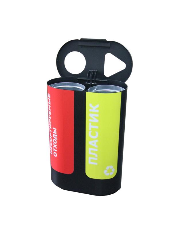 Урна для раздел сбор мусор Акцент2 черная 2-х секцион с наклейк объем2х48л